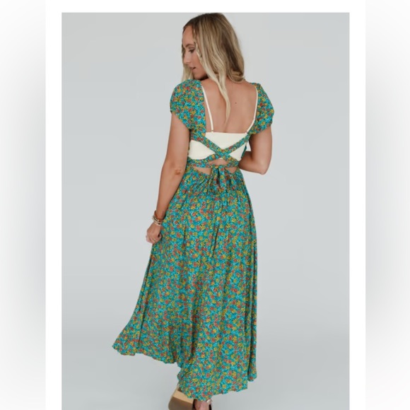 Retro Women Midi Dress Floral Print Open Back Sleeveless Strap Slim Elegant Dress Party Clubwear Blue
